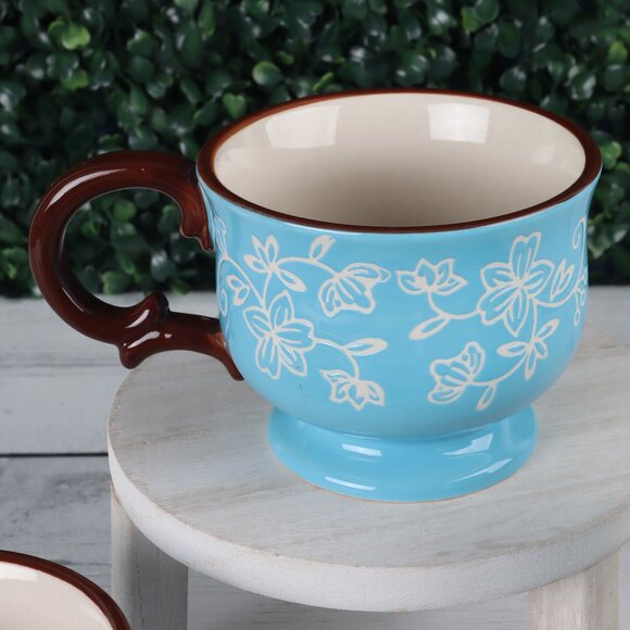Tempt-ations Floral Lace Light Blue 10 oz Footed Tea Cups Set of 4 Rare Find! - Picture 5 of 8